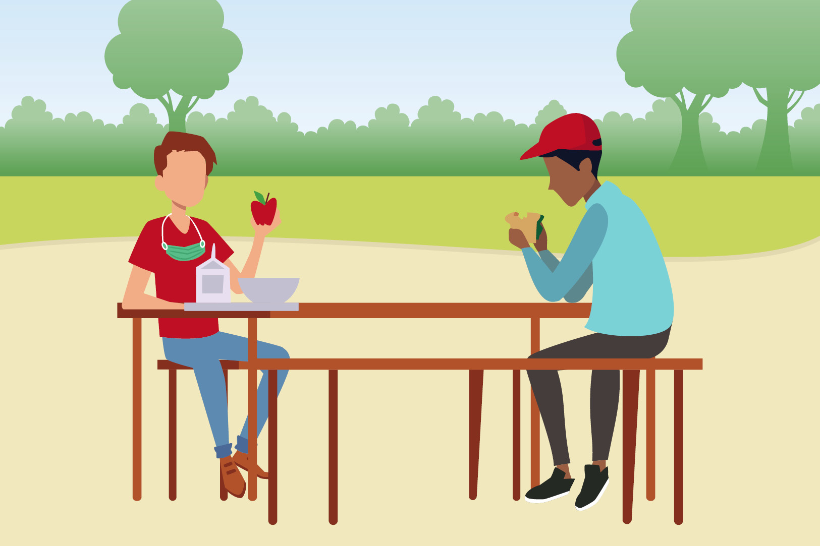Children at school eating outside.