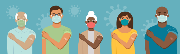 An illustration of 5 people who have received a COVID booster shot.