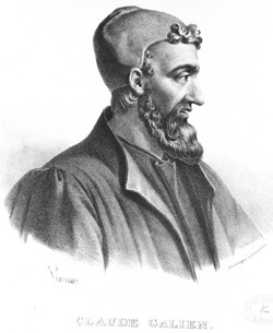 Galen of Pergamon (a.d. 129–c. 200) Lithograph of Roman physician Galen from Pergamon, Turkey, the most famous medical researcher of classical antiquity.