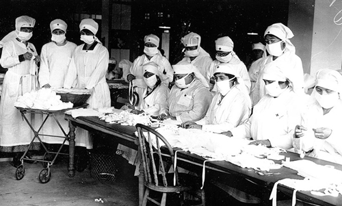 A photo of Red Cross volunteers making cloth masks during the 1918 flu pandemic.