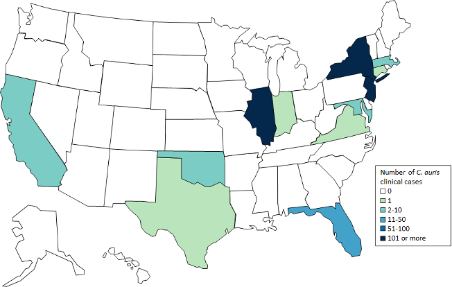 Map of Candida Auris Clinical Cases by State