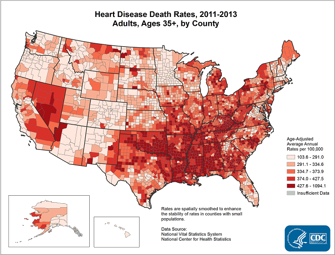A map showing heart disease death rates by county in the United States.