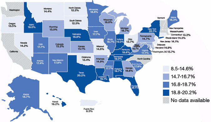 Estimating Future Caregiving: map by state of non-caregivers aged 45 and older who expect to be caregivers within next two years