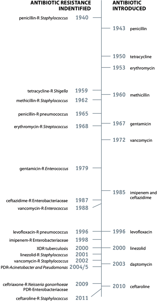 chart showing a timeline of introduced antibiotics and identification of antibiotic resistances