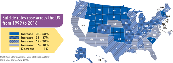 Suicide rates rose across the US from 1999 to 2016