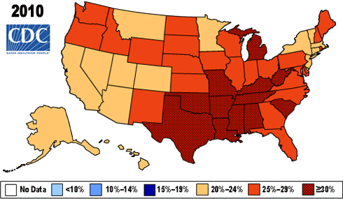 A map of the U.S. showing change in the prevalence of obesity from 2005-2010.