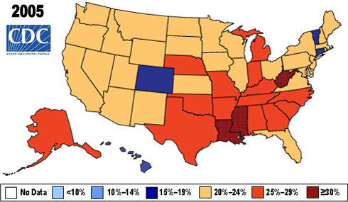 A map of the U.S. showing change in the prevalence of obesity from 2005-2010.