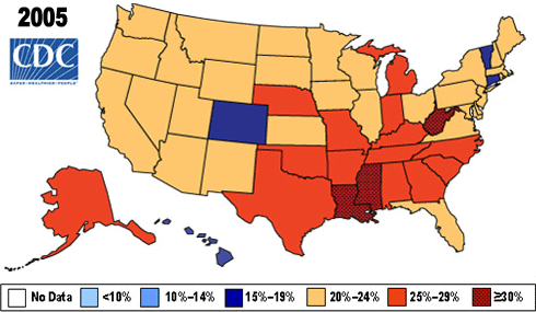 Change in Prevalence of Obesity (by BMI) 2005–2010 A map of the U.S. showing change in the prevalence of obesity from 2005-2010.