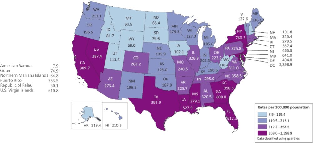 Map: Rates of Adults and Adolescents Living with Diagnosed HIV Infection, by Area of Residence, Year-end 2017—United States and 6 Dependent Areas