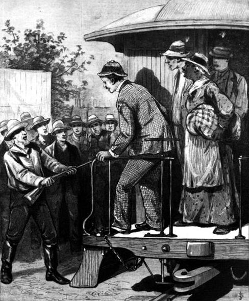 An 1888 drawing of people fleeing a yellow fever pandemic in Florida being prevented from entering New York.