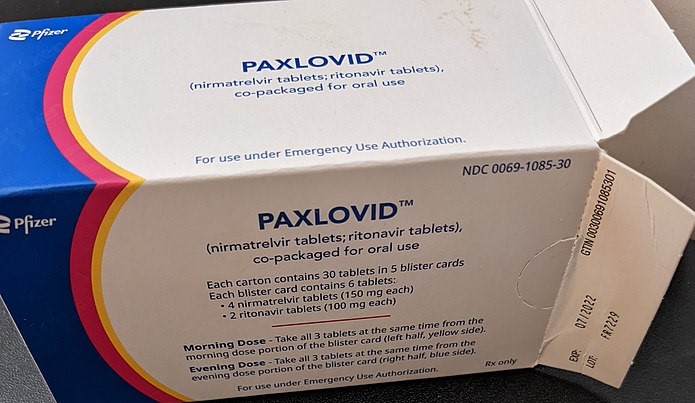 A photo of a package containing the COVID antiviral Paxlovid.