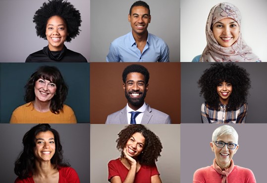 Nine photos of diverse people in healthcare.