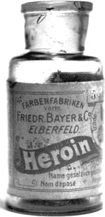 A photograph of Bayer Heroin bottle, originally containing 5 grams of Heroin.