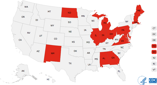 A map of the U.S. shwoing drug overdose increases by state.