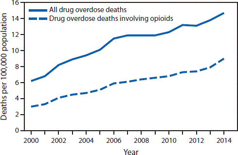 A graph comparing opioid overdose deaths to all drug overdose deaths.