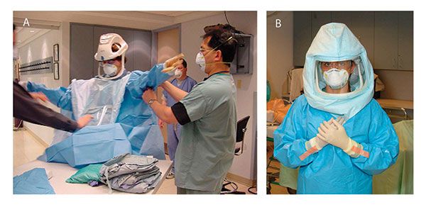 Two Photos: Donning PPE and Person Fully Protected Two Photos: Donning PPE and Person Fully Protected