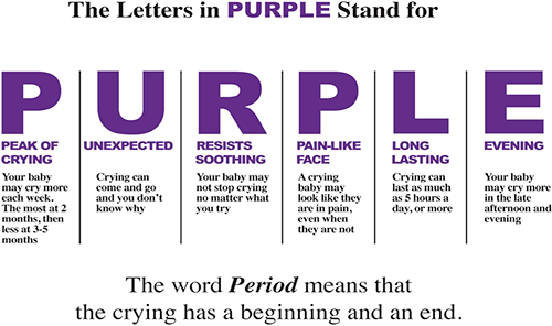 A chart explaining the Period of PURPLE Crying program. 