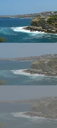 Three photos of the coastline showing progressive loss of visual acuity.